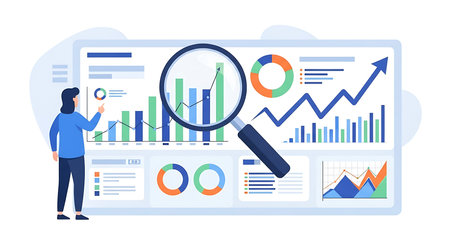Investment analysis concept. Vector illustration in flat style. Businessman with magnifying glass looking at charts.の素材