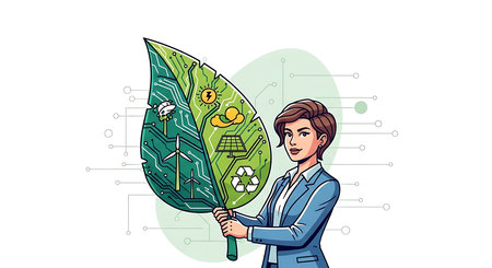 Eco friendly concept. Young man holding leaf with icons of green eco friendly technologies. Vector illustrationの素材