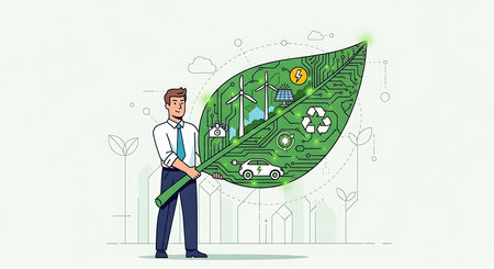 Ecology and environment concept. Businessman holding green eco leaf.の素材