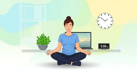 Woman meditating at home with laptop and clock. Vector illustration.の素材