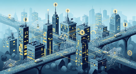 Modern city with skyscrapers and high-rise buildings. Vector illustration.の素材