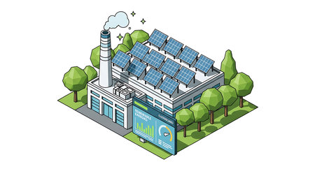 Ecology concept with solar panels and factory on white background isometric vector illustrationの素材