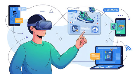 Virtual reality concept. Man wearing virtual reality goggles, playing game on laptop, smartphone, tablet, mobile phone. Vector illustration in flat styleの素材