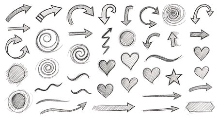 Sketch arrows vector set. Hand drawn scribble arrows.の素材