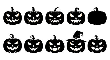 Halloween pumpkins collection, black silhouettes on white background, vector illustrationの素材