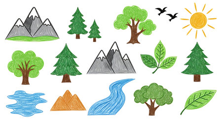 Set of hand drawn trees, mountains and clouds. Vector illustration.の素材