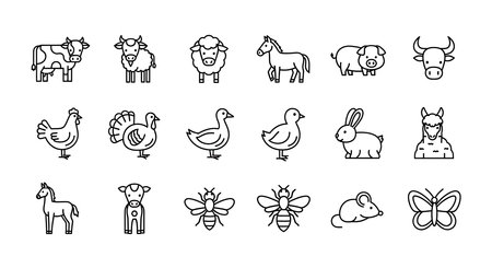 farm animals icon set over white background, line style, vector illustrationの素材