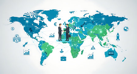 Vector illustration of business people standing on world map. Global business concept.の素材