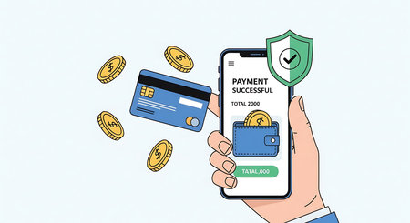 Payment security concept. Hand holding mobile phone with credit card and shield. Vector illustrationの素材