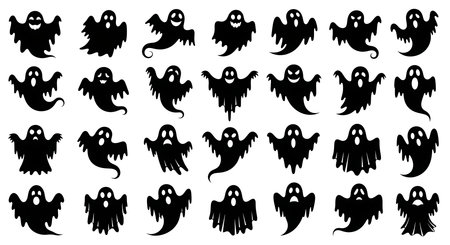 Set of black silhouettes of ghosts isolated on white background. Vector illustration.の素材