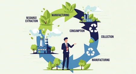 Environmental protection concept. Vector illustration in flat design style. Businessman pointing to recycling symbol.の素材