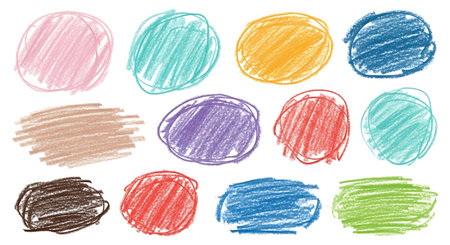 Set of hand drawn crayon circles isolated on white background.の素材