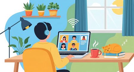 Young man sitting at table with laptop and talking with friends on video call. Vector illustration.の素材