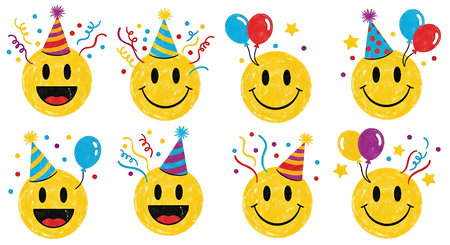 Set of cute smileys with birthday hats, balloons and confetti. Vector illustration.の素材