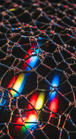 Broken glass on black background with colorful bokeh light.の素材