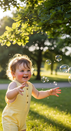 Cute little baby girl playing with soap bubbles in the park on sunny summer dayの素材