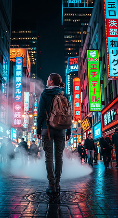 Unidentified tourist walking in Akihabara district at night. Akihabara is a major shopping street in Tokyo.の素材