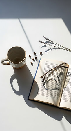 A cup of coffee, a book and glasses on a white tableの素材