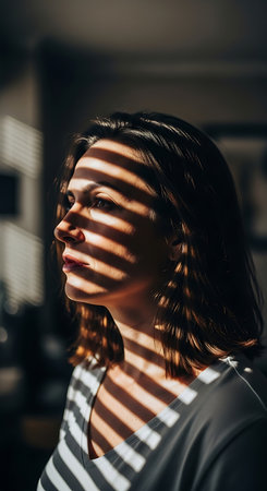Portrait of a beautiful young woman with shadows on her face.の素材