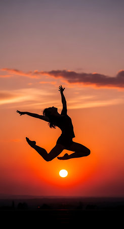 Silhouette of a girl jumping against the background of the sunsetの素材