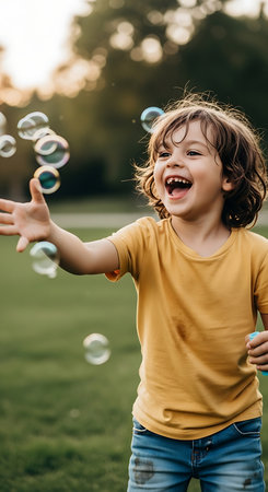 cheerful boy playing with soap bubbles in park on summer dayの素材
