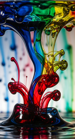 Falling drops of colorful paint. Splash effect after collision a falling drops with water Surfaceの素材