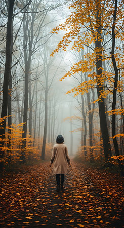 Woman walking in the autumn forest with fog and yellow leaves. 3d renderingの素材