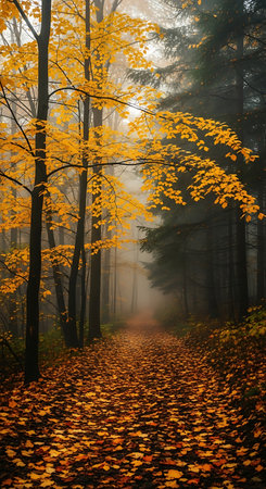 Autumn landscape with fog in the forest. The path through the autumn forest.の素材
