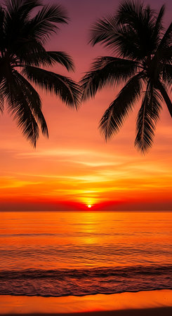 Beautiful tropical beach and sea with coconut palm tree at sunset time for travel and vacationの素材