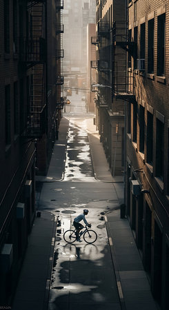 Bicyclist riding on the street in New York City.の素材