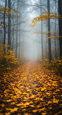 Autumn forest with fog and yellow leaves on the ground in the morningの素材