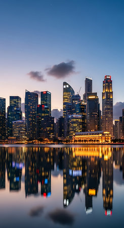 Singapore cityscape at night with reflection in the water. Singapore is the largest city in Southeast Asia.の素材