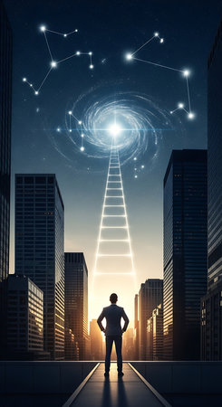 Rear view of businessman looking at cityscape and digital connection conceptの素材