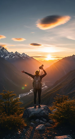 Hiker with backpack standing on top of mountain and looking at beautiful sunsetの素材