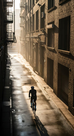 Silhouette of a cyclist riding a bicycle along a narrow streetの素材
