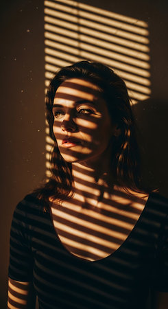portrait of beautiful young woman with shadows from blinds on wallの素材