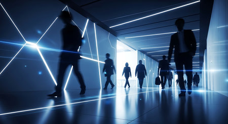 Silhouettes of people walking in corridor with glowing lights. 3D renderingの素材