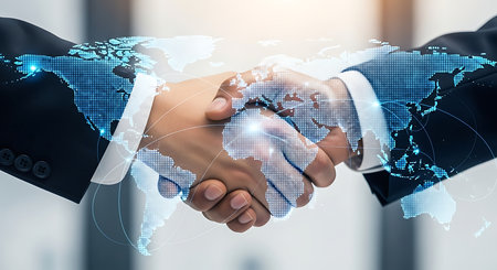 Businessman and businesswoman shaking hands with each other in modern office with double exposure of world map hologram. Concept of international partnership. Toned imageの素材