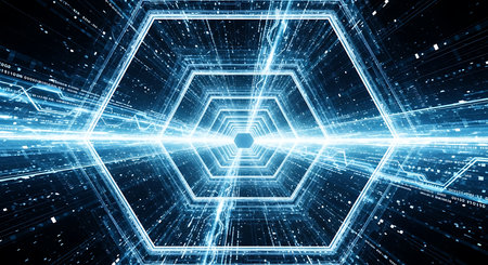 abstract technology background with hexagons and glowing lines 3d renderingの素材