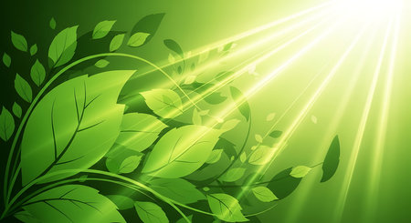 Green leaves and sunbeams on a green background. Vector illustration.の素材