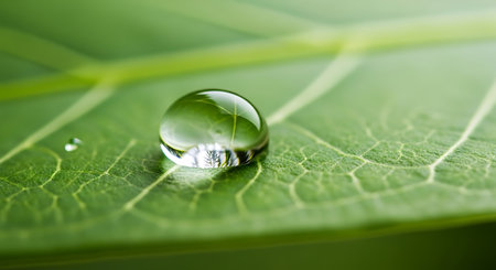 Water drop on green leaf macro close up. Nature background with copy space.の素材