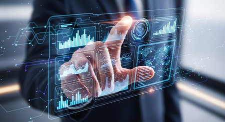 Businessman on blurred background using digital holographic interface 3D renderingの素材