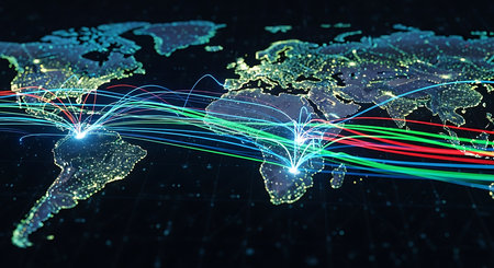 World map with glowing lines on dark background. Network concept. 3D Renderingの素材
