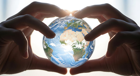 Hands in the form of a heart holding the planet earth.の素材