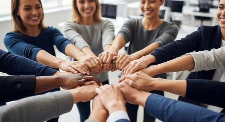 business, people, gesture and teamwork concept - close up of happy creative team with hands on top of each other in officeの素材