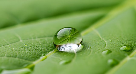 Water drop on green leaf macro close up. Nature background with copy space.の素材