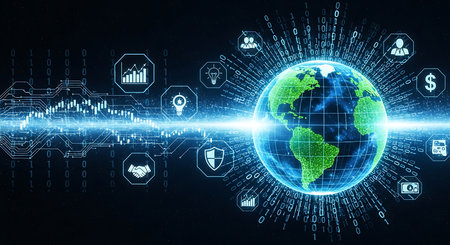 Global business network concept. 3d rendering toned image double exposureの素材