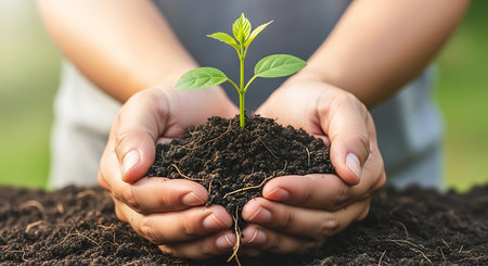 Hands holding young plant with soil background. Earth day concept.の素材