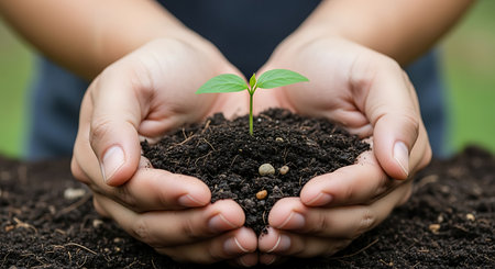 Hands holding young green plant with soil background. Earth day conceptの素材