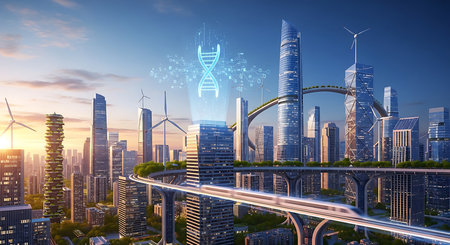 Modern cityscape with skyscrapers and high-rise buildings at sunsetの素材